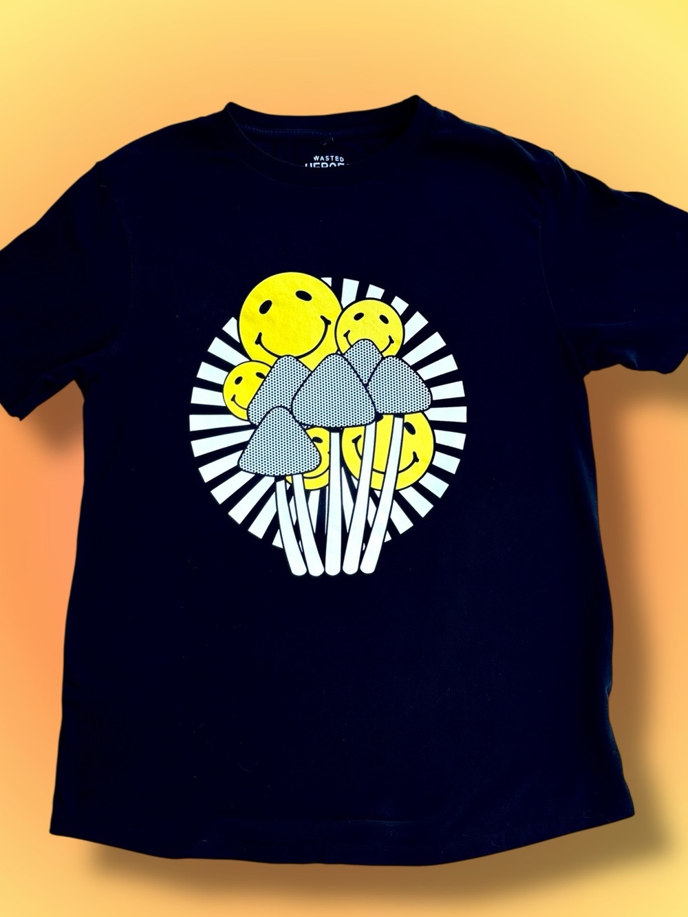 Black Tee with Yellow Smiley Mushroom Design